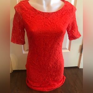 Orange Lace Overlay Short Sleeve Midi Dress size Medium